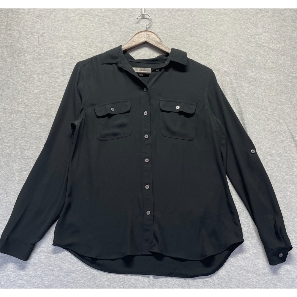 Ann Taylor LOFT Utility Shirt Womens M Black Roll Tab Sleeve Button Up Everyday